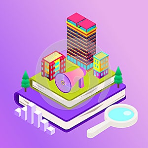 Vector isometric city with skysrapers. Town infographic illustration.