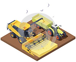 Vector isometric combine harvester and tractor at harvest