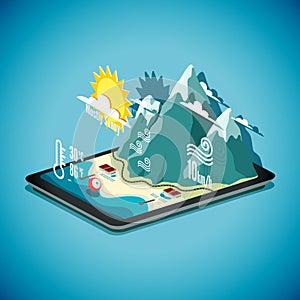 Vector isometric concept of weather forecast program on tablet P