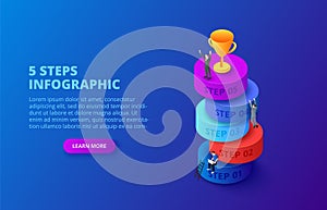 Vector isometric cylinders with people and gold cup for start up infographic on a dark blue background. Growth concept
