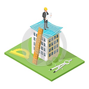 Vector isometric 3d illustration of city building with blueprints. Architectural background