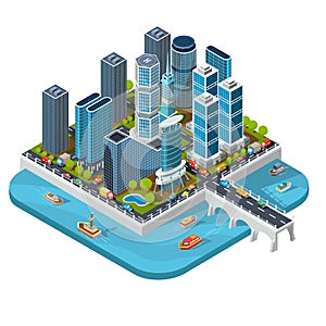 Vector isometric 3D illustrations of modern urban quarter with skyscrapers, offices, residential buildings, transport