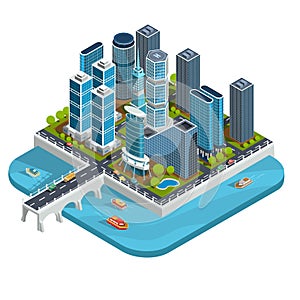 Vector isometric 3D illustrations of modern urban quarter with skyscrapers, offices, residential buildings, transport