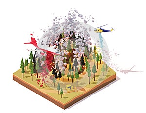 Vector isometric firefighting airplane and helicopter fighting wildfires