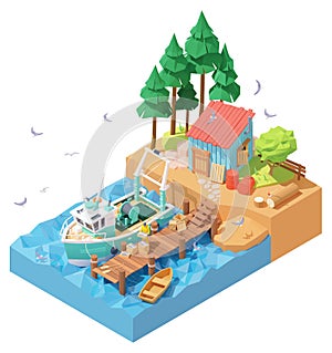 Vector isometric fisherman unloading catch from trawler on pier