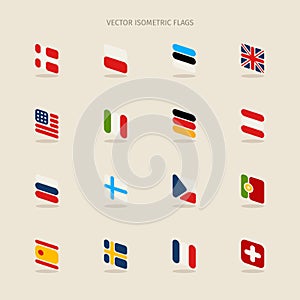 Vector isometric flags with rounded corners in simple style