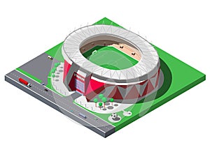 Vector isometric football stadium, soccer arena with trees and parking lot