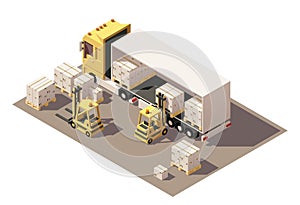 Vector isometric forklift loading box semi-trailer truck with crates on pallets icon