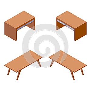 Vector isometric furniture collection. Various foreshortening of simple wooden table and chest of drawers, good for building hotel