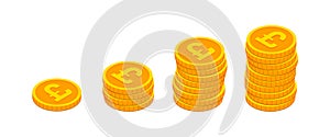 Vector Isometric gold pound coins stacks like income graph. 3d pound sterling Cash, banking, casino, business, financial