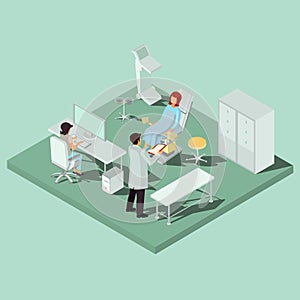 Vector isometric gynecology room with gynecological chair, medical personnel and patient photo