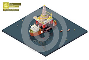 Vector isometric heavy lift cargo ship transporting oil rig