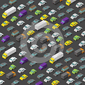 Vector isometric high traffic jam. A lot of cars. Transport highway background pattern. Top view of the road and multi-colored