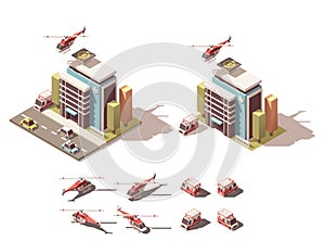 Vector isometric hospital with ambulance van and helicopter icon