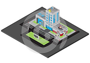 Vector isometric of hospital building with ambulance van