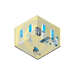 Vector isometric hospital interior with furniture and medical equipment illustration