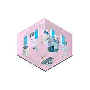 Vector isometric hospital interior with furniture and medical equipment illustration photo