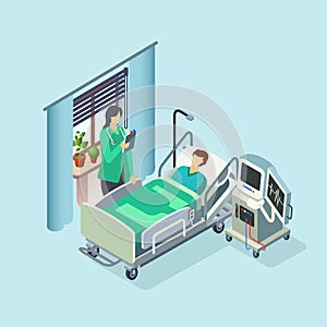 Vector isometric hospital room, patient, doctor