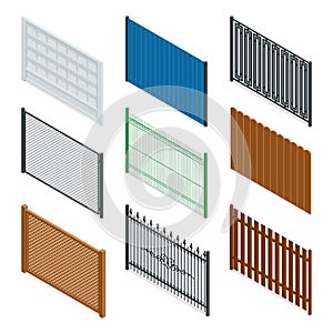 Vector Isometric icon or infographic Different designs of fences and gates on a white background. Stone fence