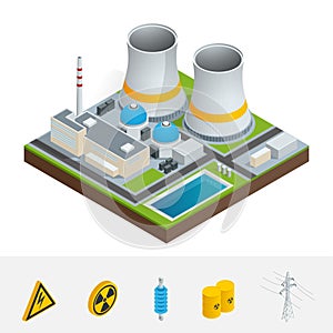 Vector isometric icon, infographic element representing nuclear power station, reactors, power lines and nuclear energy