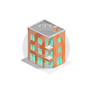 Vector isometric icon or infographic elements representing low poly town apartment building with street and cars