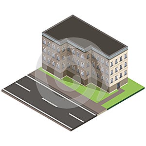 Vector isometric icon or infographic elements representing low poly town apartment, office building with street and roof for city