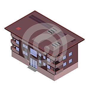 Vector isometric icon or infographic elements representing low poly town apartment, office building with windows and roof for city