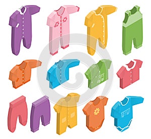 Vector isometric icons of newborn baby clothes.