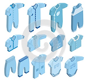 Vector isometric icons of newborn baby clothes for boys.