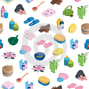 Vector isometric icons spa elements pattern. 3d realistic spa and massage salon objects background. Candles, skincare
