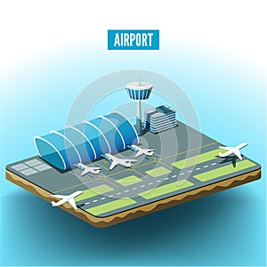 Vector isometric illustration of the airport with airplanes