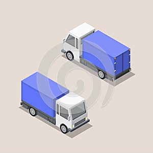 Vector isometric illustration of blue cargo car. Front and back sides of truck. Cargo van delivery.