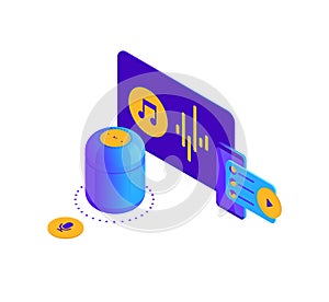 Vector isometric illustration of blue violet smart speaker, activated digital voice assistant landing page