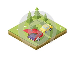 Vector isometric illustration of Camping trailer with car
