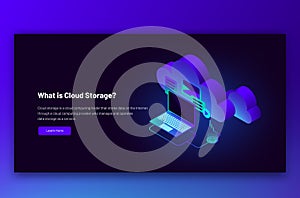 Vector isometric illustration of cloud data storage. Synchronization data transfer upload and download process