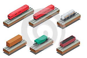 Vector isometric illustration of Diesel Locomotive, Rail covered wagon, Open rail car for transportation of bulk cargoes