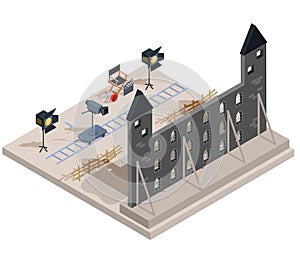 Vector isometric illustration of a film set with a set of filmmaking elements