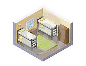 Vector Isometric illustration of hostel room. cheap hotel icon