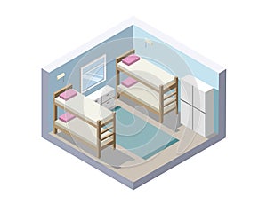 Vector Isometric illustration of hostel room. cheap hotel icon