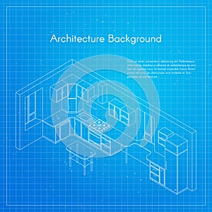 Vector isometric illustration of kitchen blueprint interior.