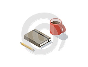 Vector isometric illustration of notebook with coffee cup,