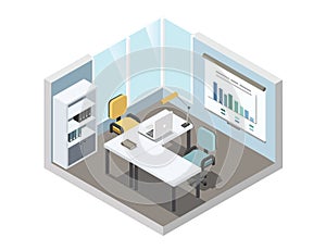 Vector isometric illustration of office working place, 3d flat interior design