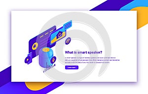 Vector isometric illustration of smart speaker or digital voice assistant for control websites