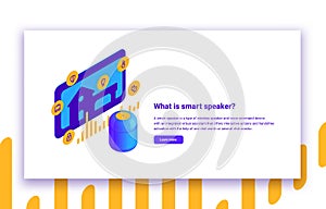 Vector isometric illustration of smart speaker and home automation digital voice assistant with infographic