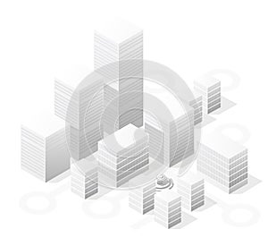 A vector isometric illustration of a white city on white design street