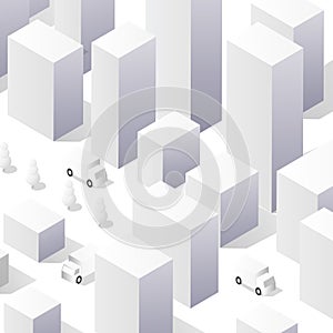 A vector isometric illustration of a white city on white design street