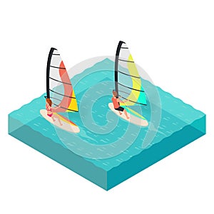 Vector isometric illustration of windsurfers. Man and woman