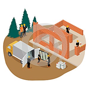 Vector isometric illustration of workers building a private house and installing black window frames