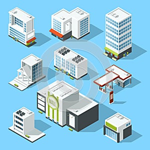 Vector isometric illustrations of hypermarket, bank and other service and municipal buildings