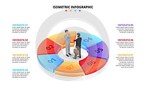 Vector isometric infographic with businessman handshake. Template for diagram, presentation and pie chart. Business